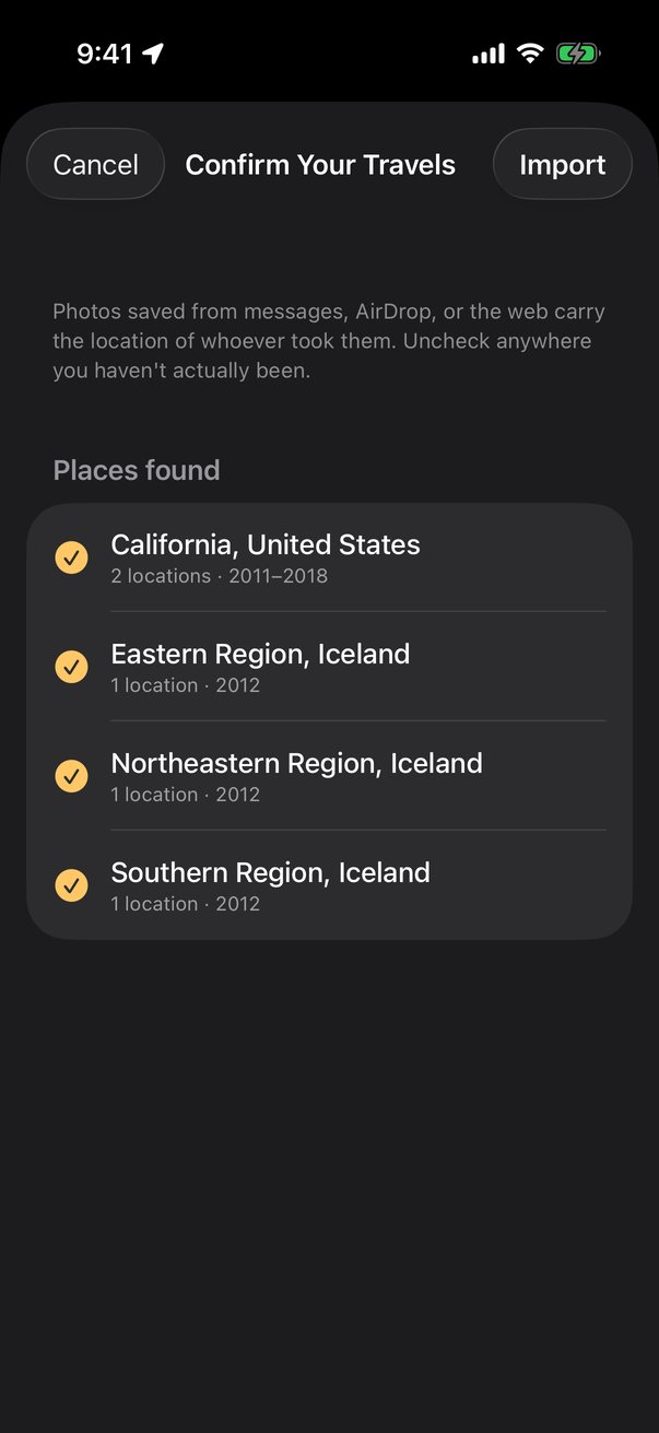 Confirm Your Travels screen listing places found in photos, each with a checkbox