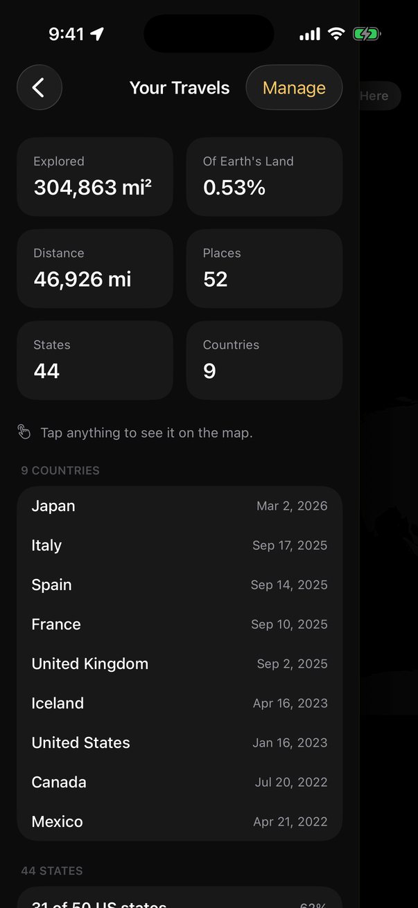 Your Travels screen listing countries visited with square miles explored and distance travelled