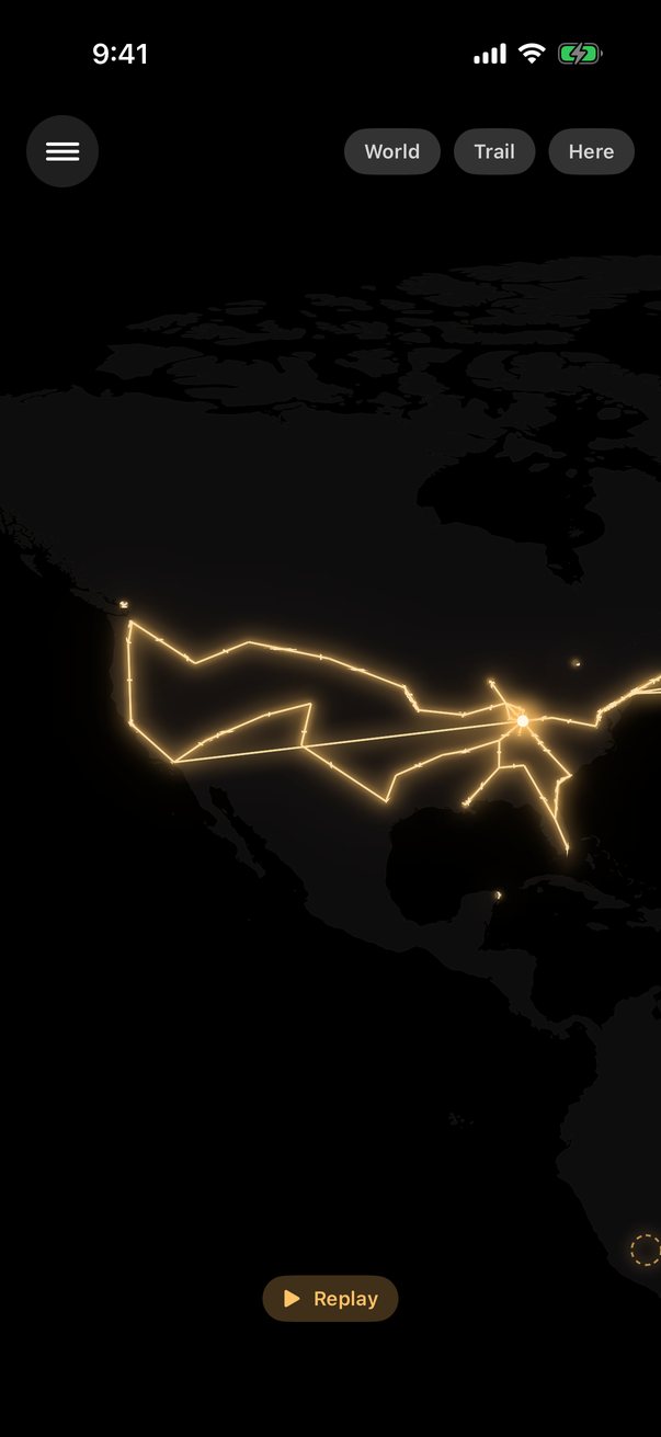 Roamlight's dark world map with road trips across the United States glowing gold